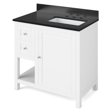 Image of Details of the 36" White Astoria Vanity, right offset, Black Granite Vanity Top, undermount rectangle bowl by Jeffrey Alexander | VKITAST36WHBGR