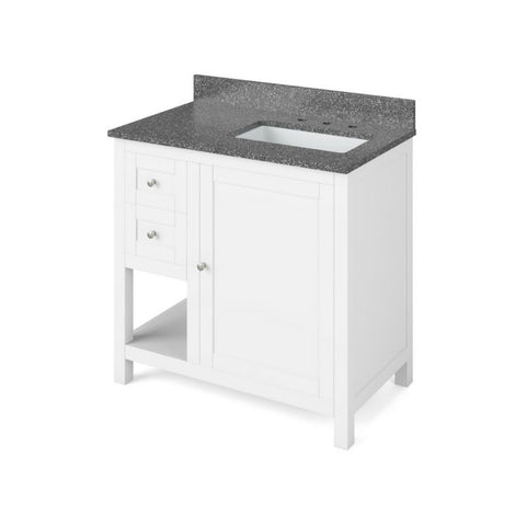 Image of Details of the 36" White Astoria Vanity, right offset, Boulder Cultured Marble Vanity Top, undermount rectangle bowl by Jeffrey Alexander | VKITAST36WHBOR