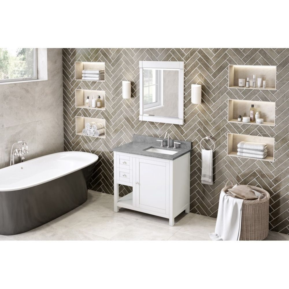 The hardwood Astoria vanity features clean lines and a stepped door profile for a modern look.