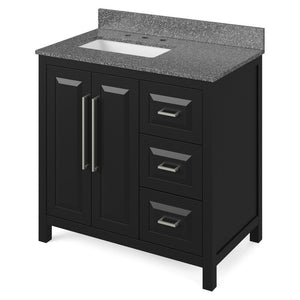 Details of the 36" Black Cade Vanity, left offset, Boulder Vanity Cultured Marble Vanity Top, undermount rectangle bowl by Jeffrey Alexander | VKITCAD36BKBOR