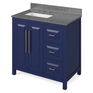 Details of the 36" Hale Blue Cade Vanity, left offset, Boulder Vanity Cultured Marble Vanity Top, undermount rectangle bowl by Jeffrey Alexander | VKITCAD36BLBOR