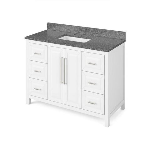 Image of Details of the 48" White Cade Vanity, Boulder Cultured Marble Vanity Top, undermount rectangle bowl by Jeffrey Alexander | VKITCAD48WHBOR