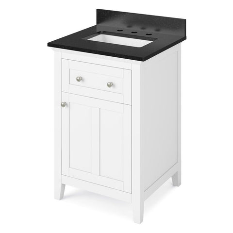 Image of Details of the 24" White Chatham Vanity, Black Granite Vanity Top, undermount rectangle bowl by Jeffrey Alexander | VKITCHA24WHBGR