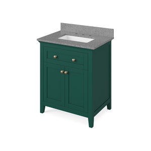 Details of the 30" Forest Green Chatham Vanity, Steel Grey Cultured Marble Vanity Top, undermount rectangle bowl by Jeffrey Alexander | VKITCHA30GNSGR
