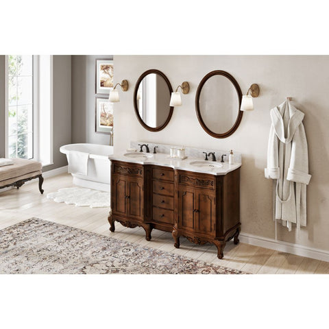 Image of Clairemont Traditional Nutmeg 60" Double Oval Sink Vanity with White Carrara Marble Vanity Top | VKITCLA60NUWCO