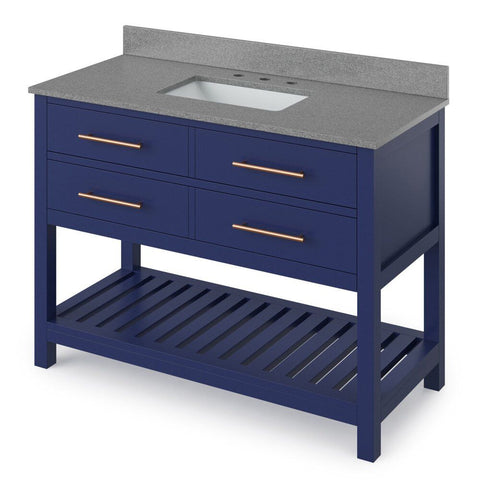 Image of Wavecrest Contemporary Hale Blue 48" Rectangle Sink Vanity with Steel Grey Cultured Marble Top | VKITWAV48BLSGR