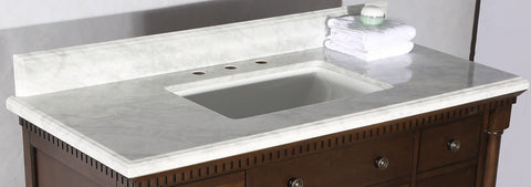 Image of 36" ANTIQUE COFFEE SINK VANITY WITH CARRARA WHITE TOP AND MATCHING BACKSPLASH WITHOUT FAUCET WLF6036-36"