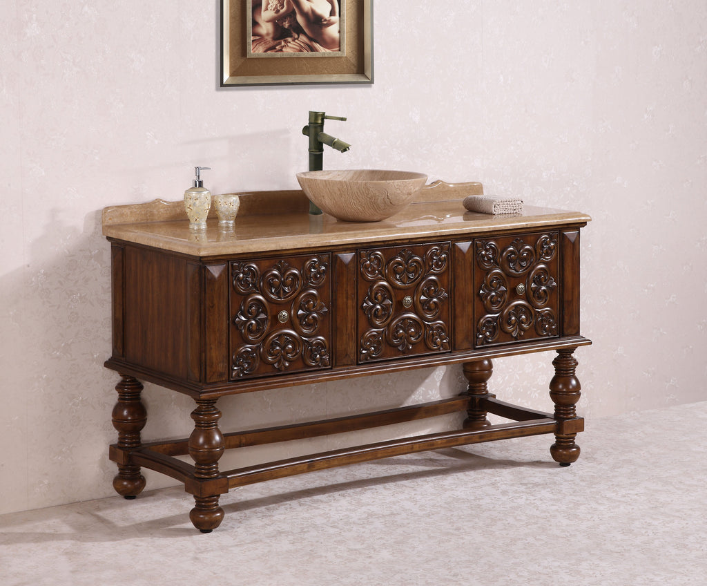 59" SOLID WOOD SINK VANITY WITH TRAVERTINE TOP AND BOWL-NO FAUCET AND BACKSPLASH