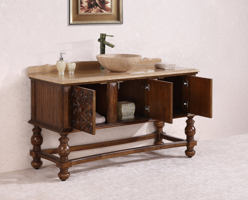 59" SOLID WOOD SINK VANITY WITH TRAVERTINE TOP AND BOWL-NO FAUCET AND BACKSPLASH WH2259