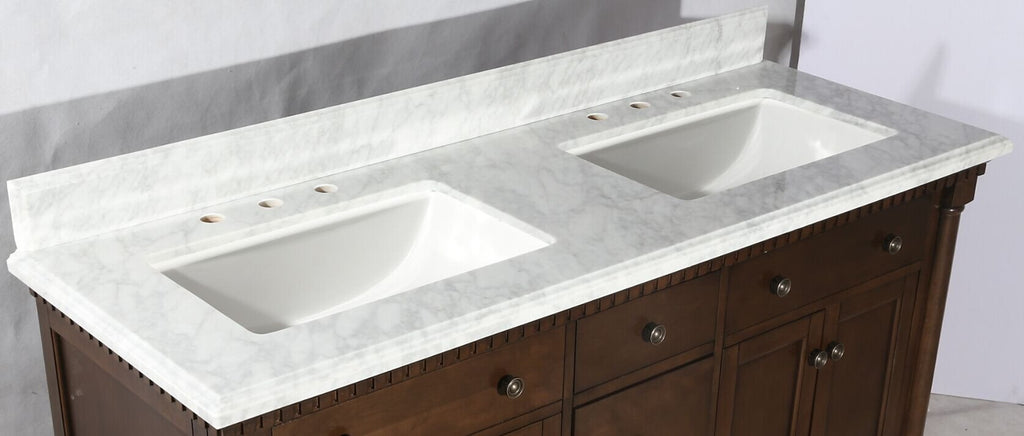 60" ANTIQUE COFFEE SINK VANITY WITH CARRARA WHITE TOP AND MATCHING BACKSPLASH WITHOUT FAUCET WLF6036-60"