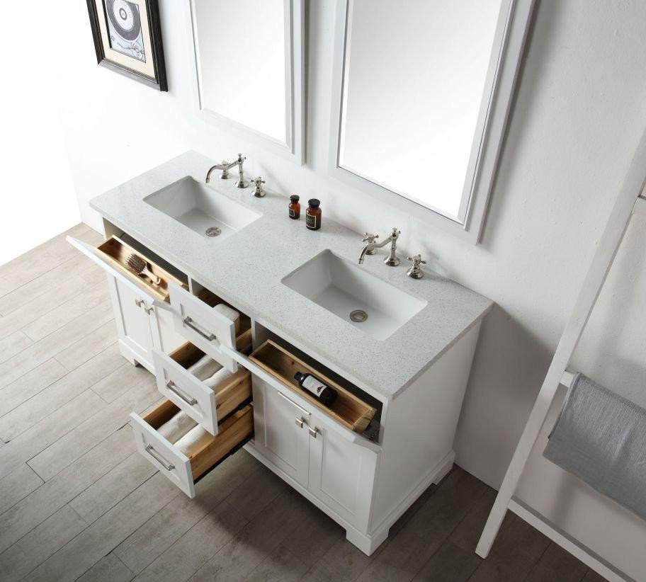 60" WOOD SINK VANITY WITH QUARTZ OP-NO FAUCET IN WHITE WH7660-W