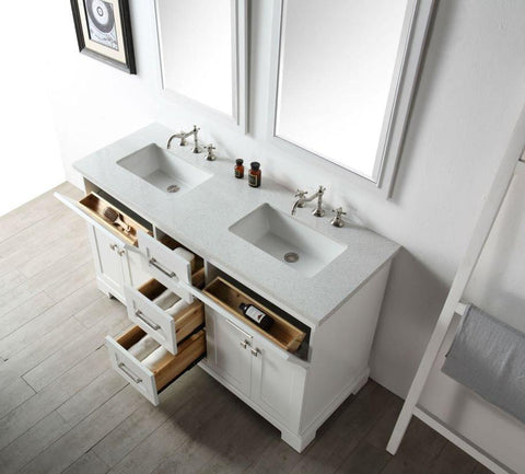 Image of 60" WOOD SINK VANITY WITH QUARTZ OP-NO FAUCET IN WHITE WH7660-W