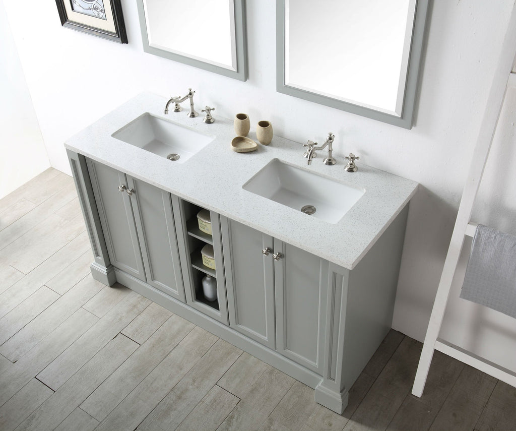 60" WOOD SINK VANITY WITH QUARTZ TOP-NO FAUCET IN COOL GREY WH7360-CG