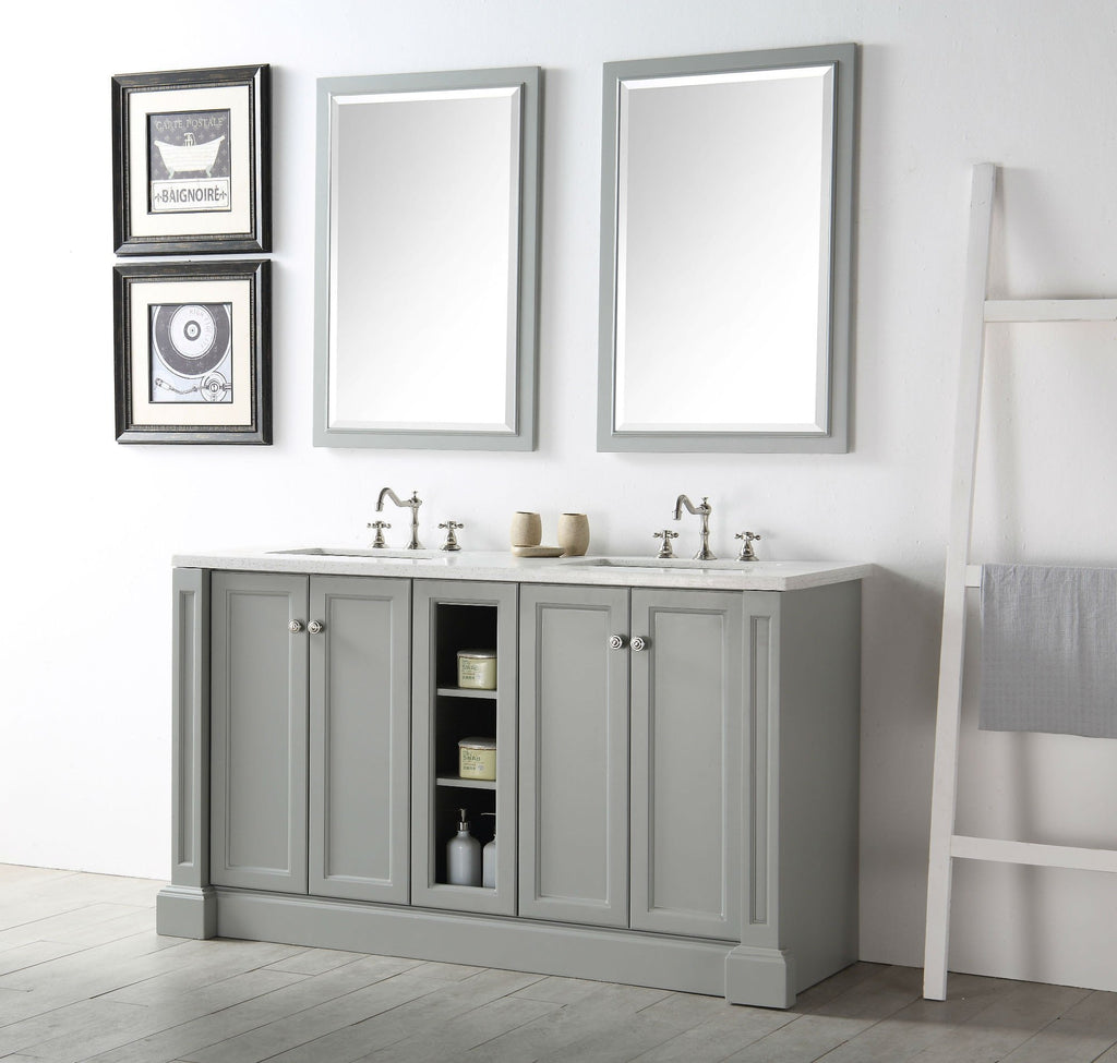 60" WOOD SINK VANITY WITH QUARTZ TOP-NO FAUCET IN COOL GREY WH7360-CG