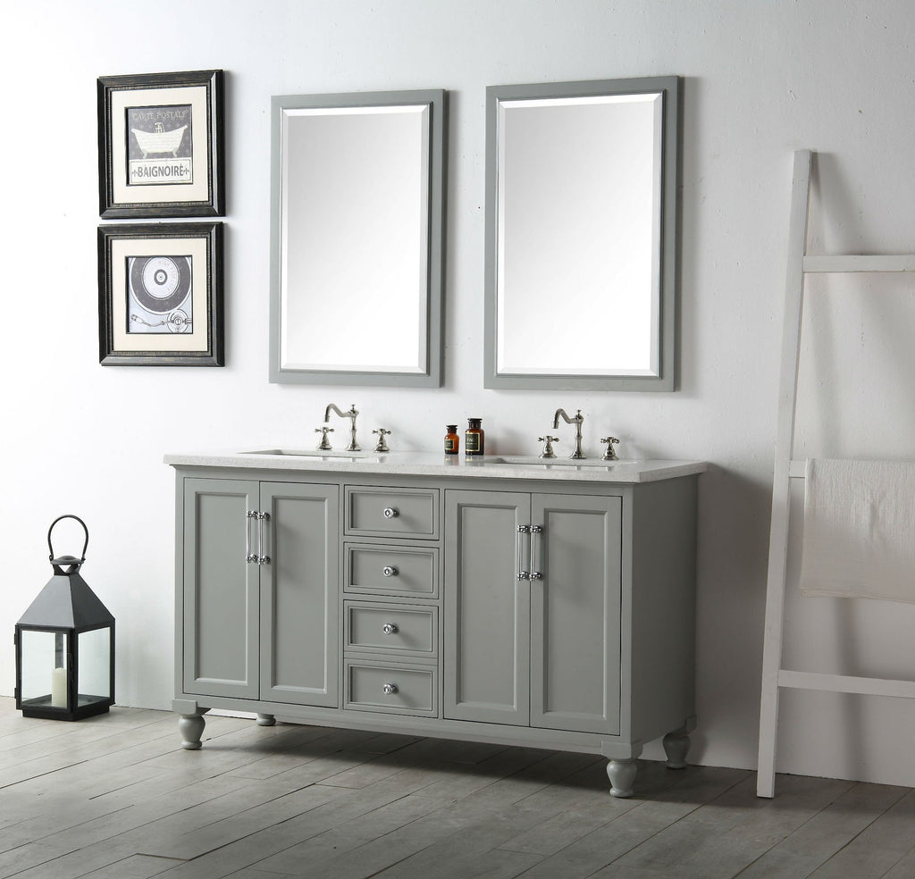 60" WOOD SINK VANITY WITH QUARTZ TOP-NO FAUCET IN COOL GREY WH7560-CG