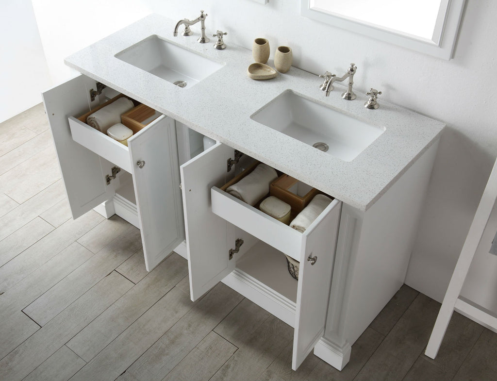60" WOOD SINK VANITY WITH QUARTZ TOP-NO FAUCET IN WHITE WH7360-W
