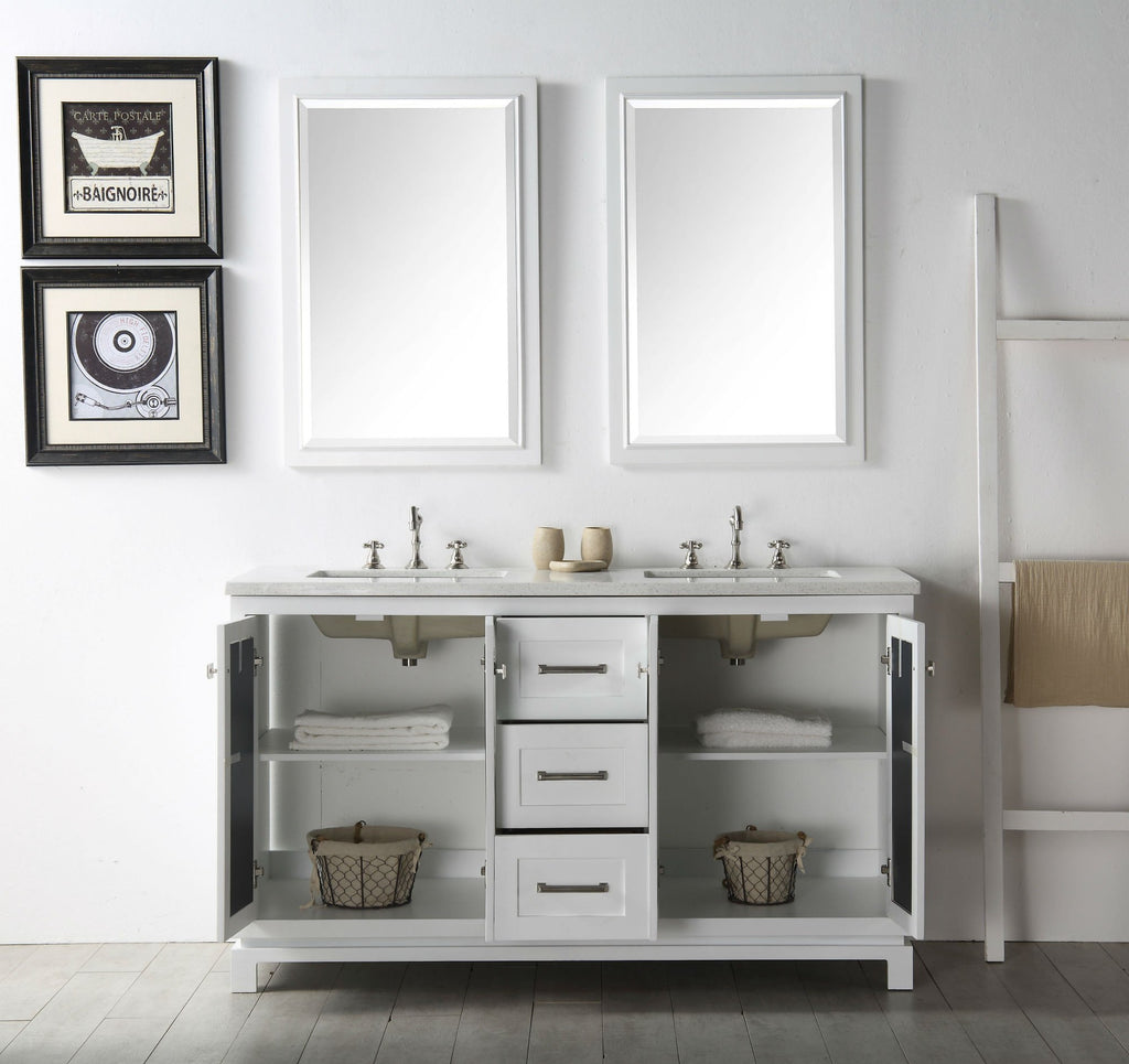 60" WOOD SINK VANITY WITH QUARTZ TOP-NO FAUCET IN WHITE WH7460-W