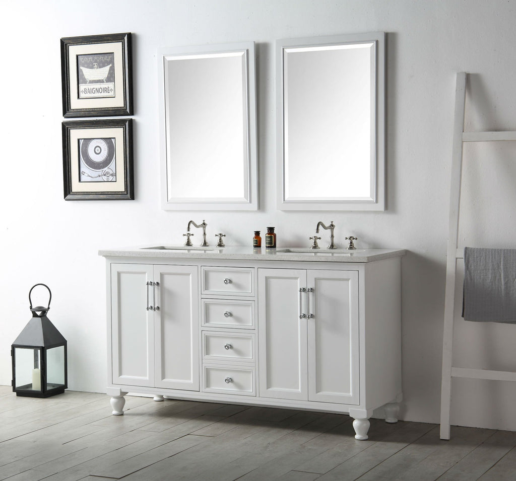 60" WOOD SINK VANITY WITH QUARTZ TOP-NO FAUCET IN WHITE WH7560-W