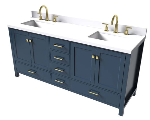 Image of Ariel Cambridge Midnight Blue Transitional 73" Double Rectangle Sink Vanity w/ White Quartz Countertop | A073DWQRVOMNB