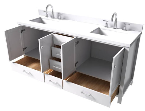 Image of Ariel Cambridge White Transitional 73" Double Rectangle Sink Vanity w/ White Quartz Countertop | A073DWQRVOWHT