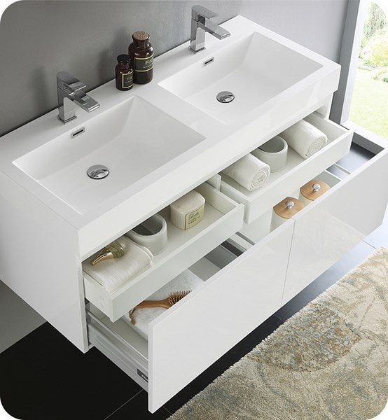 Fresca Mezzo 48" White Wall Hung Double Sink Modern Bathroom Cabinet w/ Integrated Sink | FCB8012WH-I