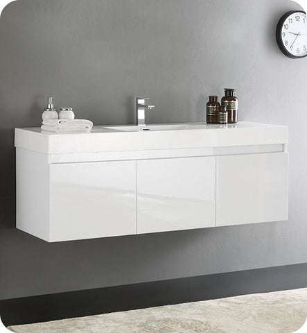 Image of Fresca Mezzo 60" White Wall Hung Single Sink Modern Bathroom Cabinet w/ Integrated Sink | FCB8041WH-I