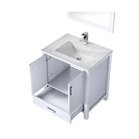 Jacques 30" White Single Square Sink Vanity Set | White Carrara Marble Top and 28" Mirror | LJ342230SADSM28F