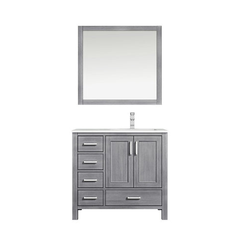 Image of Jacques 36" Distressed Grey Single Sink Vanity Set with White Carrara Marble Top - Right Version | LJ342236SDDSM34FR