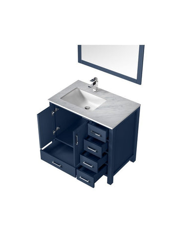 Image of Jacques 36" Navy Blue Single Sink Vanity Set with White Carrara Marble Top - Left Version | LJ342236SEDSM34FL