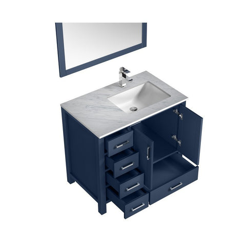 Image of Jacques 36" Navy Blue Single Sink Vanity Set with White Carrara Marble Top - Right Version | LJ342236SEDSM34FR