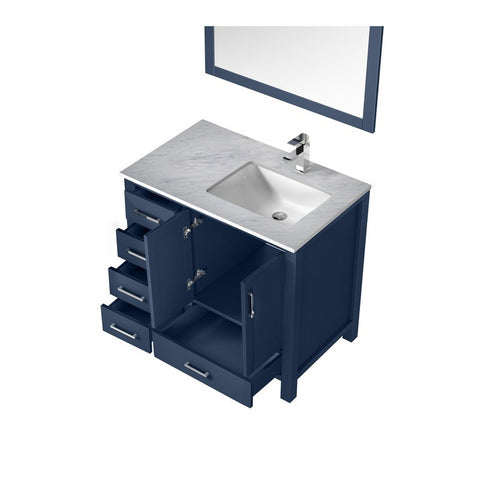Jacques 36" Navy Blue Single Sink Vanity Set with White Carrara Marble Top - Right Version | LJ342236SEDSM34FR