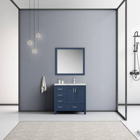 Image of Jacques Modern Navy Blue 36" Single Sink Vanity with Mirror - Right Version | LJ342236SEWQM34R