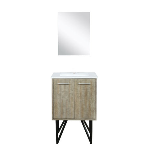 Lexora Lancy Modern 24" Rustic Acacia Bathroom Vanity w/ White Quartz Top, and 18" Frameless Mirror | LLC24SKSOSM18
