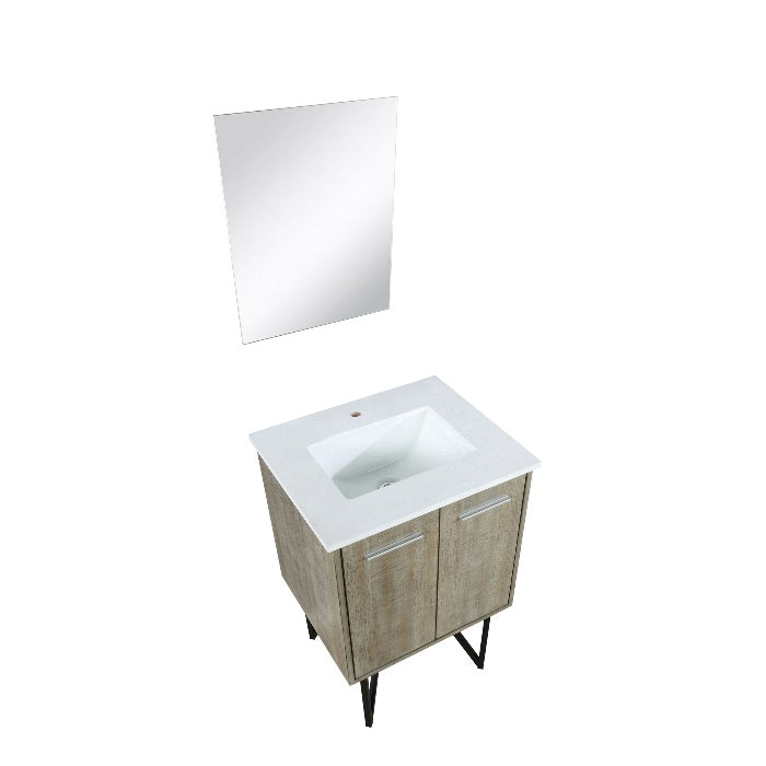 Lexora Lancy Modern 24" Rustic Acacia Bathroom Vanity w/ White Quartz Top, and 18" Frameless Mirror | LLC24SKSOSM18