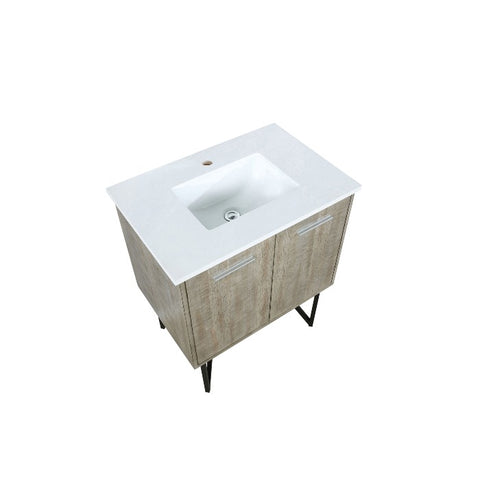 Image of Lexora Lancy Modern Rustic Acacia 30" Square Sink Bathroom Vanity w/ White Quartz Top and Labaro Brushed Nickel Faucet | LLC30SKSOS000FBN
