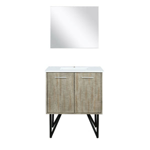 Lexora Lancy Modern 30" Rustic Acacia Bathroom Vanity w/ White Quartz Top, and 28" Frameless Mirror | LLC30SKSOSM28