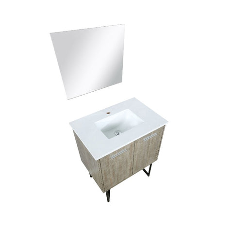 Image of Lexora Lancy Modern 30" Rustic Acacia Bathroom Vanity w/ White Quartz Top, and 28" Frameless Mirror | LLC30SKSOSM28
