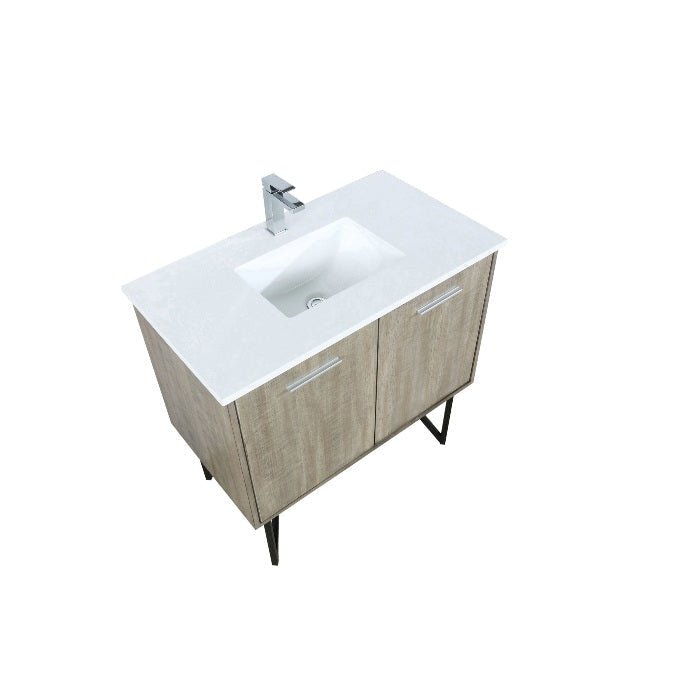 Lexora Lancy Modern Rustic Acacia 36" Square Sink Bathroom Vanity w/ White Quartz Top and Labaro Rose Gold Faucet | LLC36SKSOS000FRG