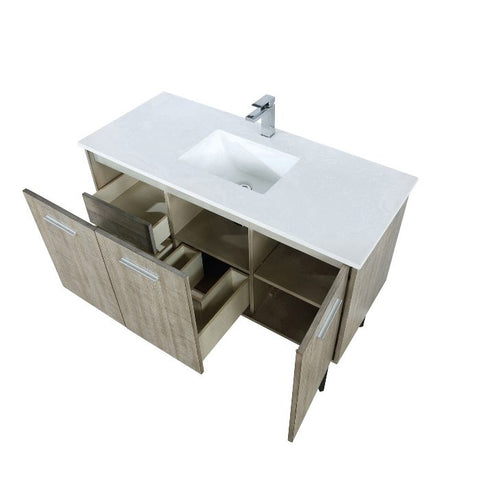 Image of Lexora Lancy Modern Rustic Acacia 48" Square Sink Bathroom Vanity w/ White Quartz Top and Labaro Rose Gold Faucet | LLC48SKSOS000FRG
