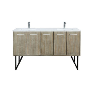 Lexora Lancy Modern Rustic Acacia 60" Double Square Sink Bathroom Vanity w/ White Quartz Top and Balzani Gun Metal Faucet | LLC60DKSOS000FGM