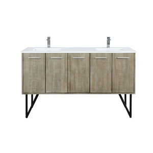 Lexora Lancy Modern Rustic Acacia 60" Double Square Sink Bathroom Vanity w/ White Quartz Top and Labaro Brushed Nickel Faucet | LLC60DKSOS000FBN