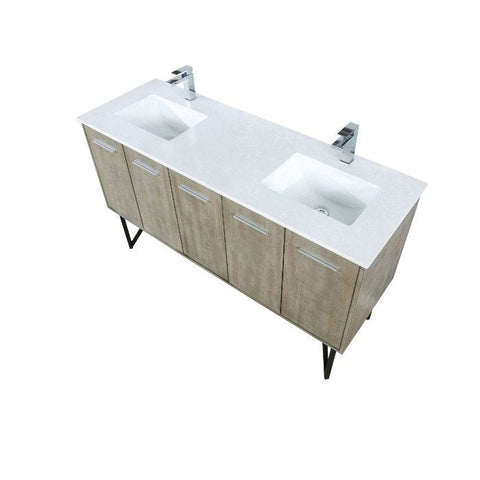 Image of Lexora Lancy Modern Rustic Acacia 60" Double Square Sink Bathroom Vanity w/ White Quartz Top and Balzani Gun Metal Faucet | LLC60DKSOS000FGM