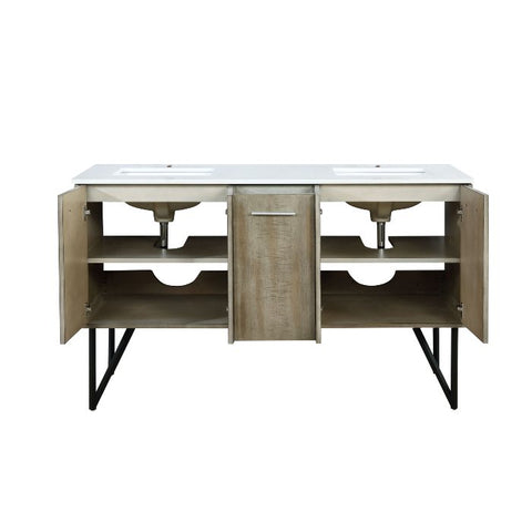 Image of Lexora Lancy Modern Rustic Acacia 60" Double Square Sink Bathroom Vanity w/ White Quartz Top | LLC60DKSOS000