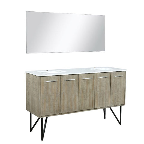 Image of Lexora Lancy Modern 60" Rustic Acacia Double Bathroom Vanity w/ White Quartz Top, and 55" Frameless Mirror | LLC60DKSOSM55