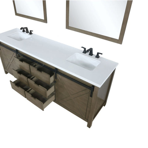 Image of Marsyas 80" Rustic Brown Double Vanity Set, White Quartz Top 30" Mirrors w/ Faucets | LM342280DKCSM30F