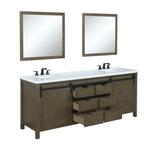 Image of Marsyas 80" Rustic Brown Double Vanity Set, White Quartz Top 30" Mirrors w/ Faucets | LM342280DKCSM30F