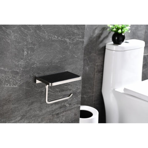 Image of Lexora Bagno Bianca Stainless Steel Black Glass Shelf w/ Toilet Paper Holder - Brushed Nickel | LSP18152BNBG