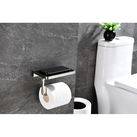 Image of Lexora Bagno Bianca Stainless Steel Black Glass Shelf w/ Toilet Paper Holder - Brushed Nickel | LSP18152BNBG