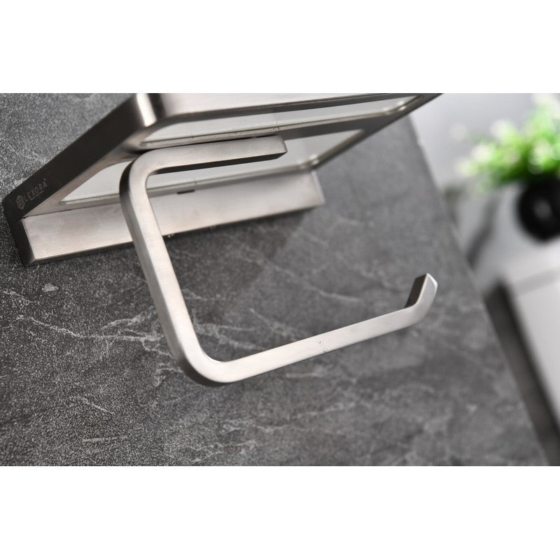 Lexora Bagno Bianca Stainless Steel White Glass Shelf w/ Toilet Paper Holder - Brushed Nickel | LSP18152BNWG