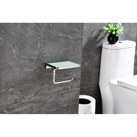 Image of Lexora Bagno Bianca Stainless Steel White Glass Shelf w/ Toilet Paper Holder - Brushed Nickel | LSP18152BNWG